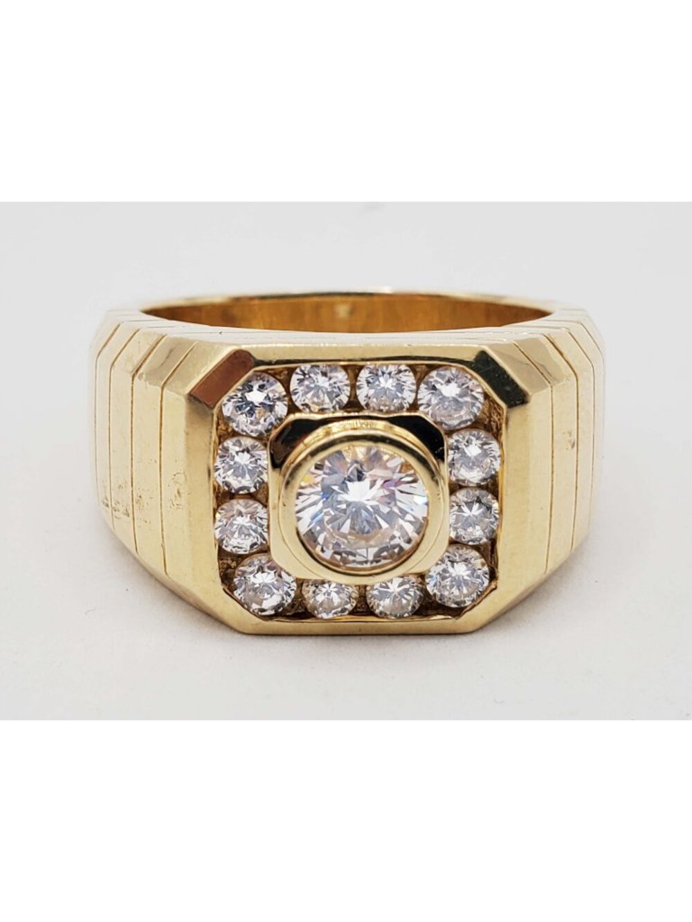 Men's CZ Halo Cluster Rib Shank Ring 14k Gold Size 10.5
